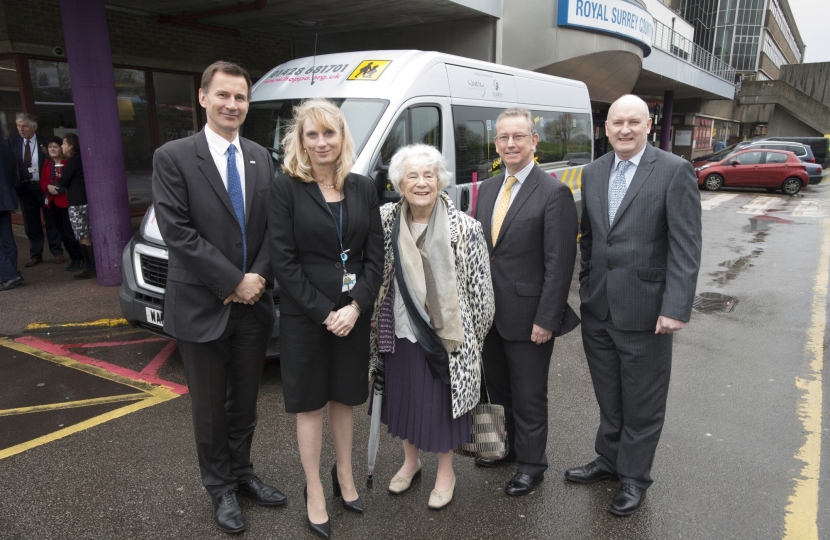 From left to right - Sue Sjuve, Chair of RSCH; Jeremy Hunt, MP for South West Surrey; Paula Head, Chief Executive at RSCH; Moyra Finlay, regular Hospital hoppa passenger; Rob Stansbury, Chair of hoppa and Steve Forward, General Manager at hoppa.