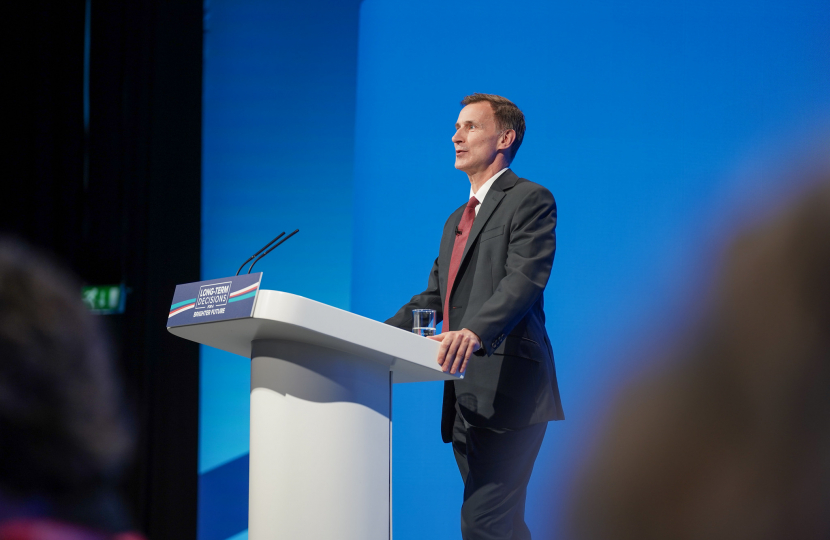 Chancellor Jeremy Hunt speaking at Conservative Party Conference 2023.